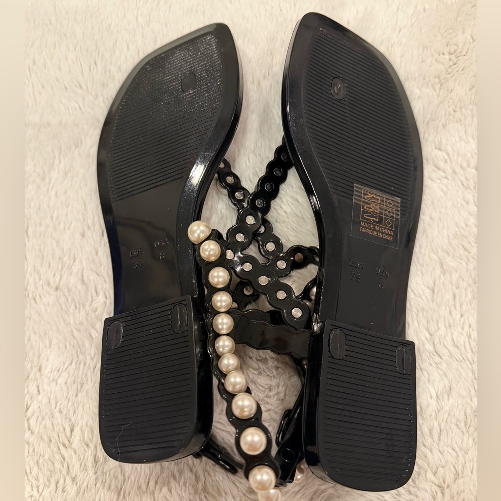 Jeffrey Campbell Black Patent T-Strap Sandals with Pearls - Picture 3 of 5